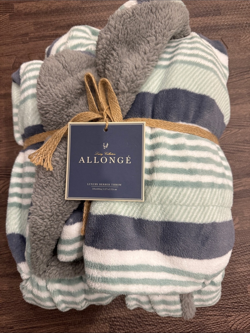 ALLONGÉ Luxury Sherpa Throw Blanket - Mint, Navy & Gray Stripes